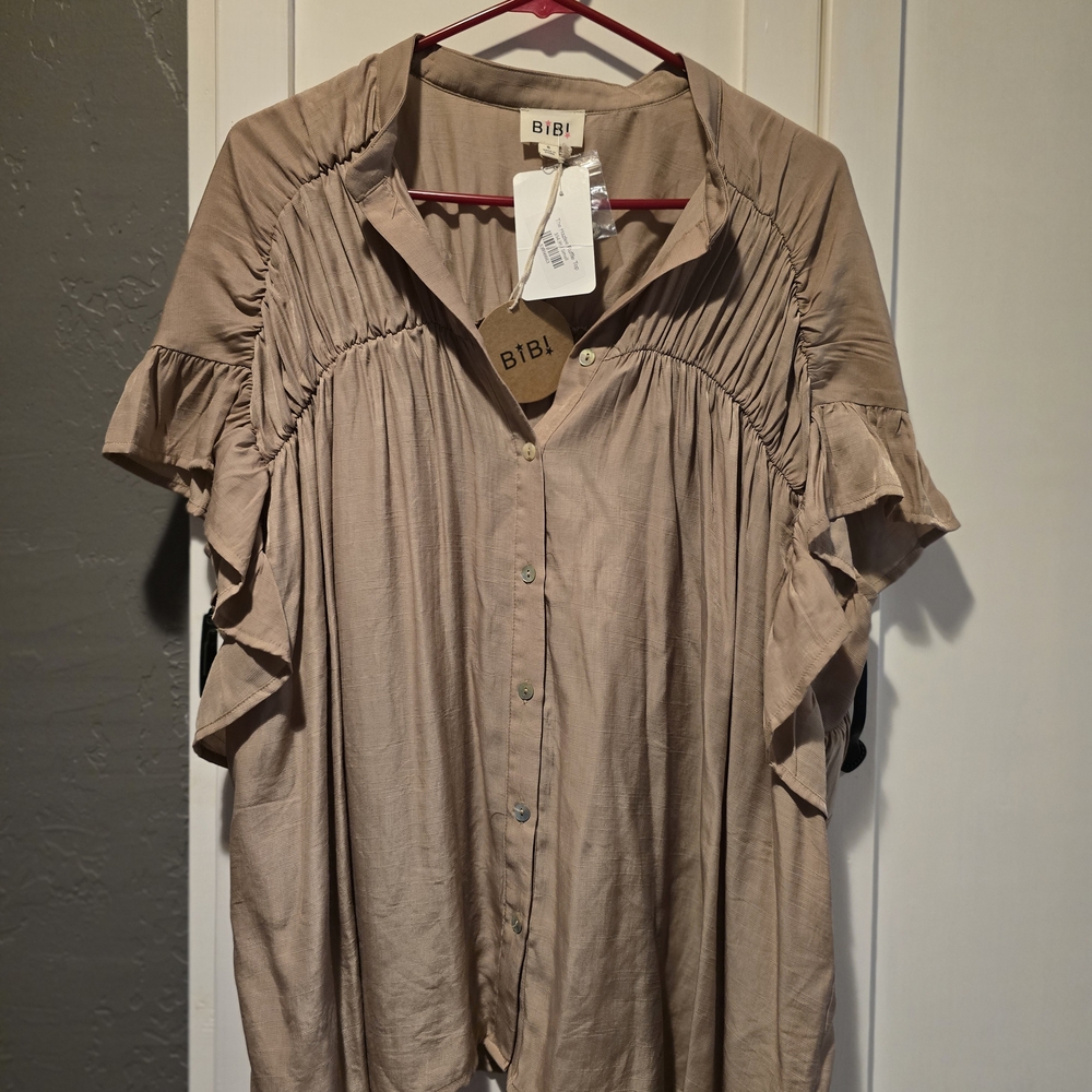 Nwt BiBi Women's Beige Button-Up Blouse with Ruffle Sleeves